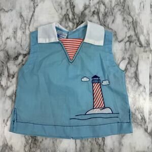 VTG Baby Boy Shirt Celanese Fortrel Lighthouse Nautical Red White & Blue 9 mo